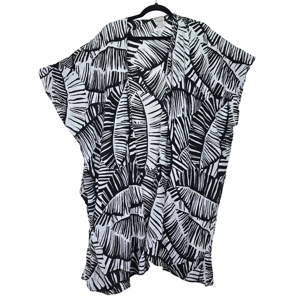 Chico's One Size Black White Palm Leaf Kimono‎ Kaftan Cover Up Beach Resortwear